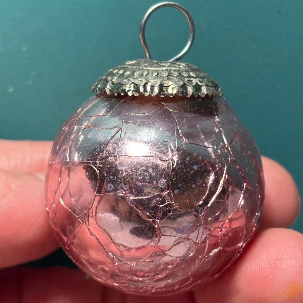Vintage Pink Crackle Glass Silver Tone Cap Round Christmas Ornament
